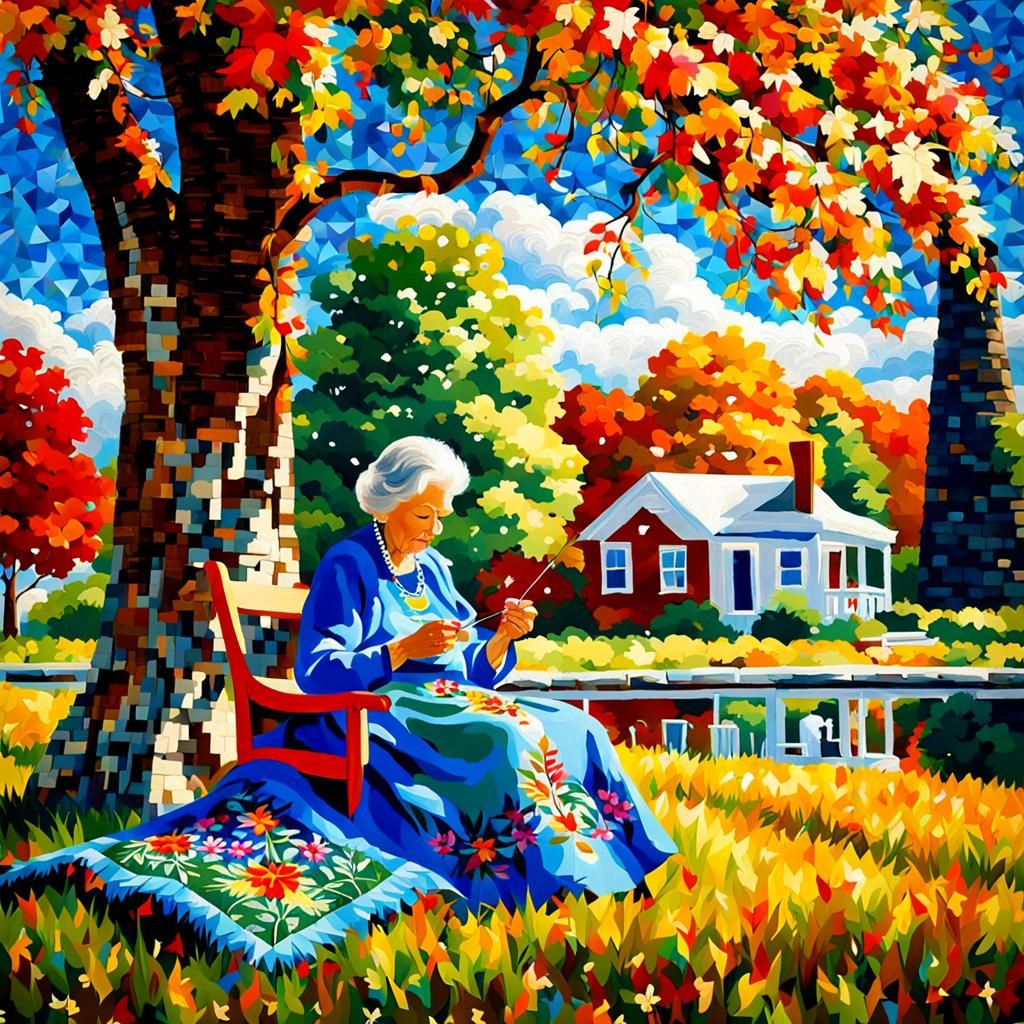 AMERICAN GRANDMA WITH HOLLYWOOD HAIR DO needlepoint, quiltin...