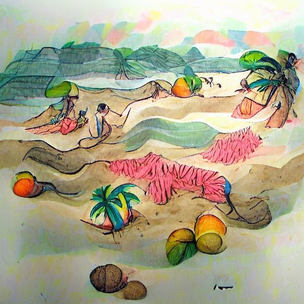 Colored ink on paper, illustration of a lush tropical beach