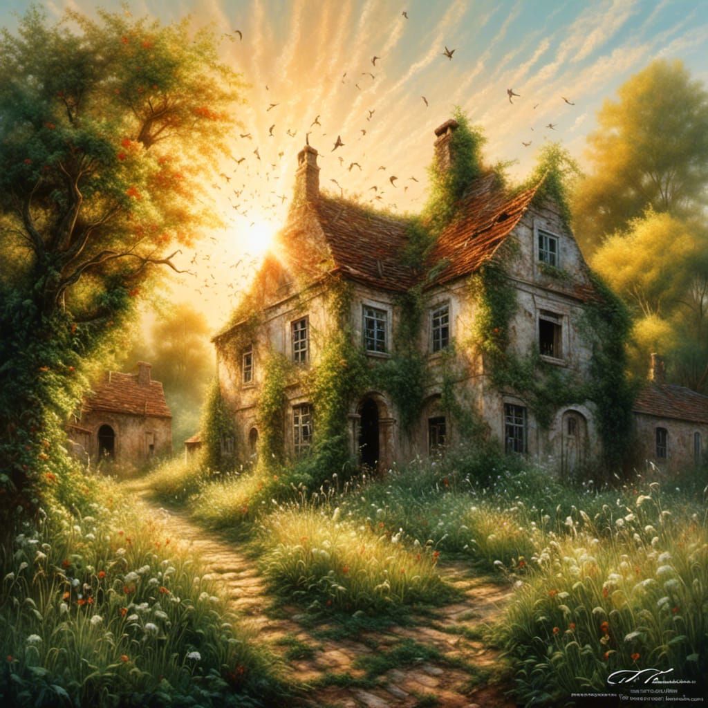 Oil splash painting of A rising Sun on a spring morning in an overgrown, peaceful, deserted village square. Ruined overgrown buildings. <lor...