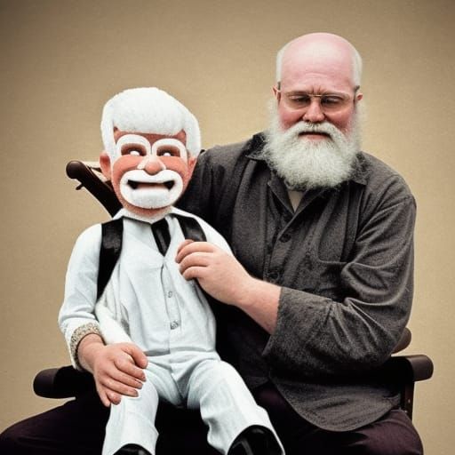 A whitebearded old man sits in a chair and holds a ventriloquist dummy