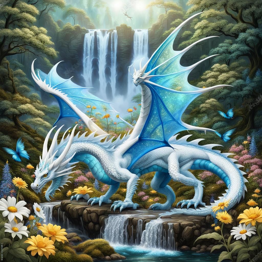 Transparent elegant white shiny blue fantasy dragon, big wings and