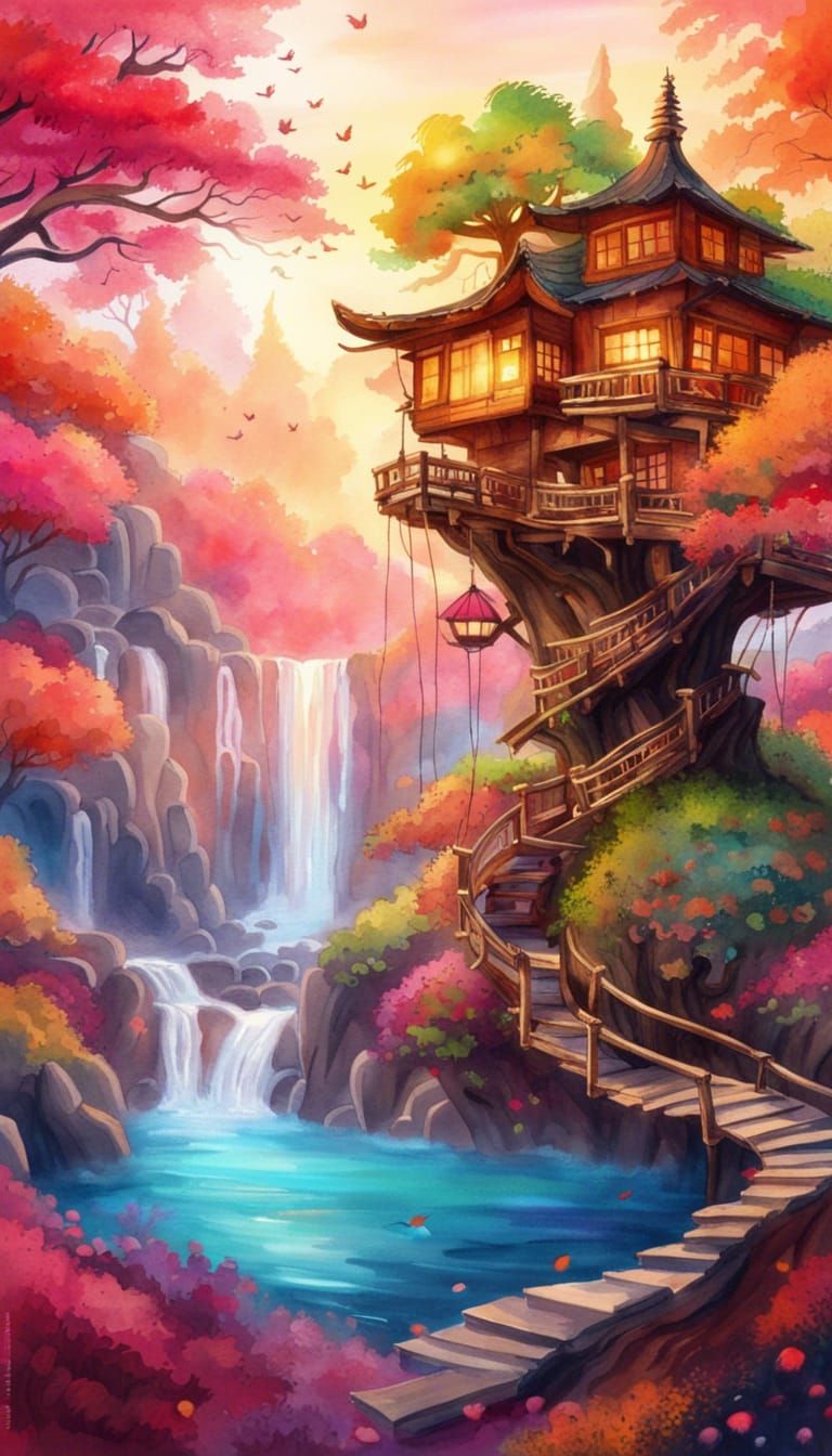 Whimsical tree house  by @StriderAiArt