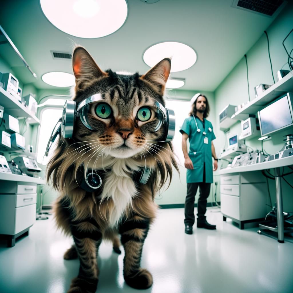 depth of field fisheye lens scifi solarpunk spacecore futuristic, cat