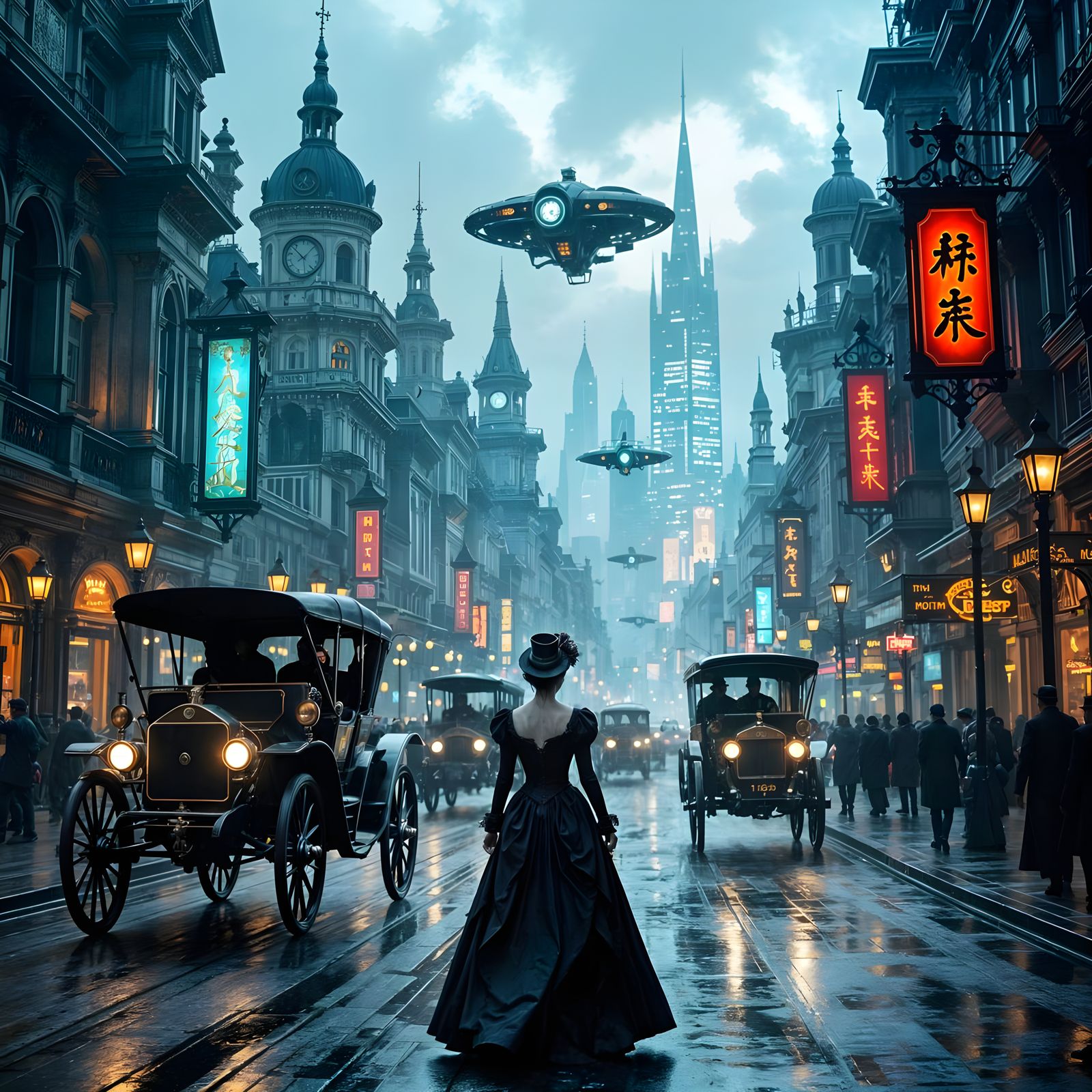 : A bustling Victorian-era street scene abruptly colliding with a futuristic cityscape, creating a jarring ...  by @Londo Mollari