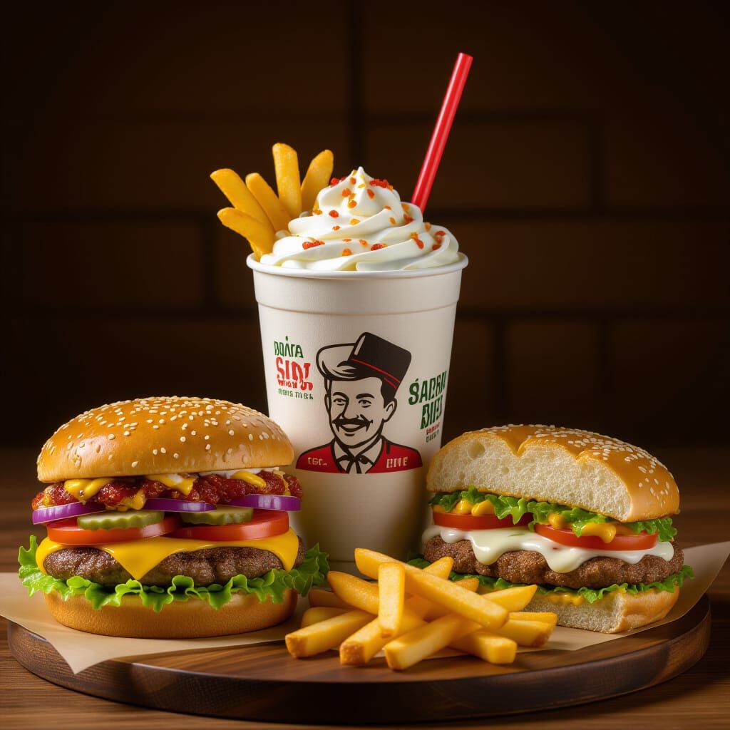 Vibrant Fast Food Feast: Soda, Tacos, Fries, and Ice Cream