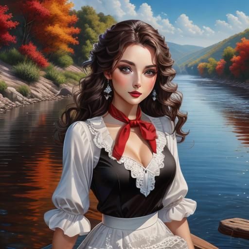 <lora:Nice Girl:1.0> pretty woman, brown hair, shiny  oiled  black  short dress with ruffles, on river