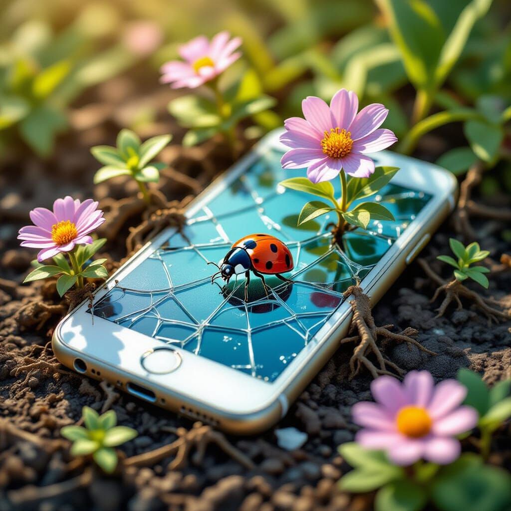 Flowers Bloom on Cracked Phone Screen: Fantasy Art