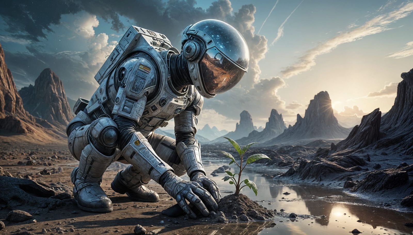 An astronaut planting a single, vibrant seedling on a barren, alien planet. The planet's surface has ...  by @Jas