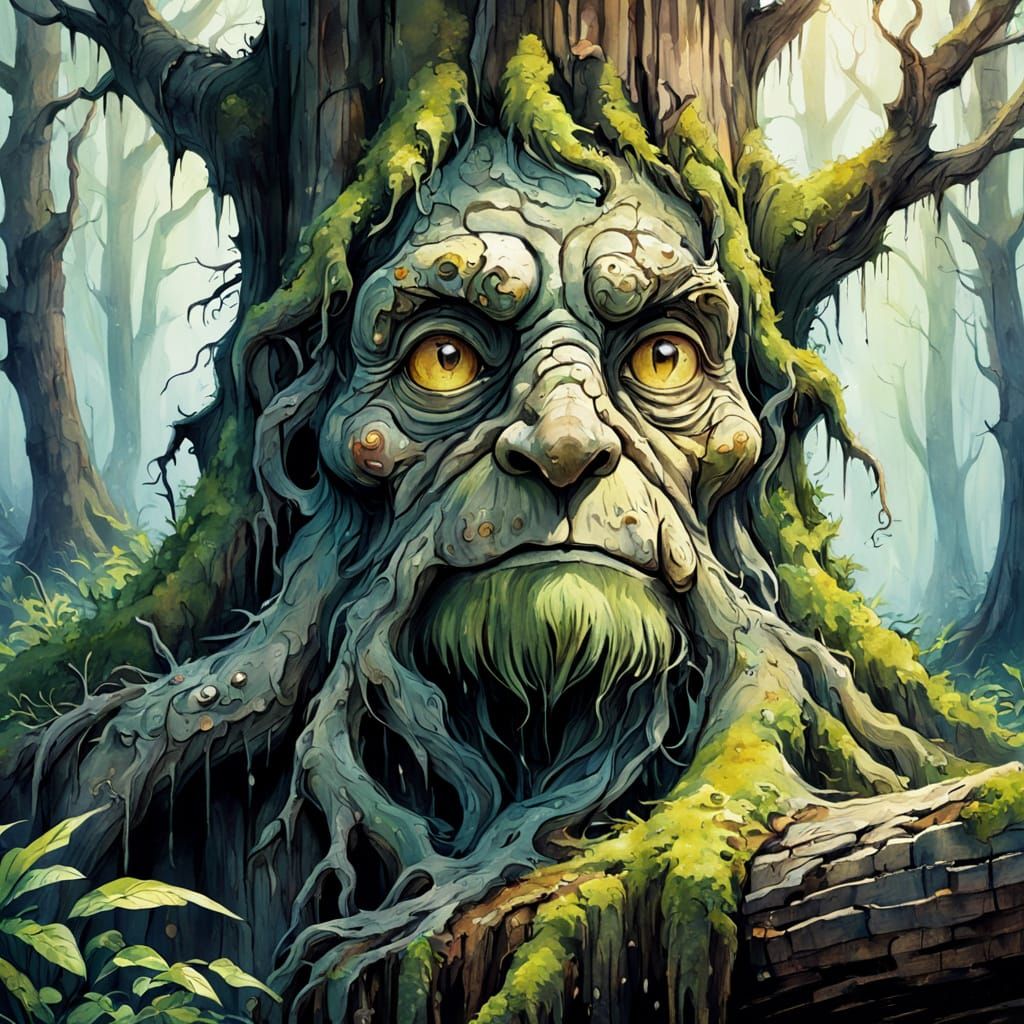 Ancient Tree Face in Whimsical Fauvist Style