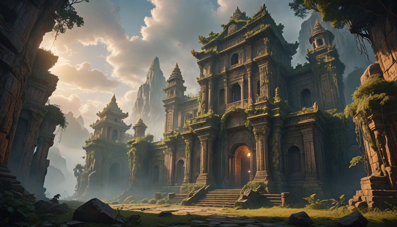 Intricate Temple in Ethereal Fog, a Fantastical, Ancient Str...