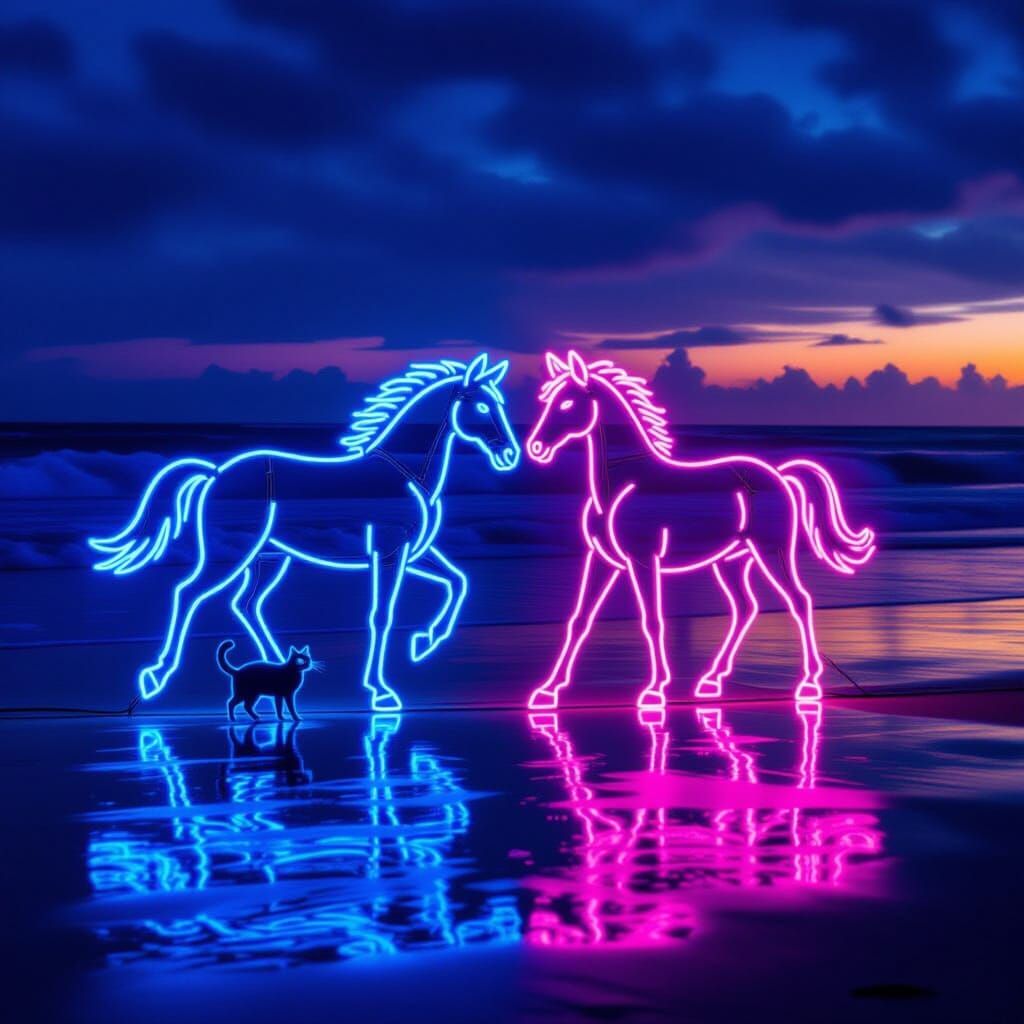 Neon Horse and Cat Sculpture on Beach at Night