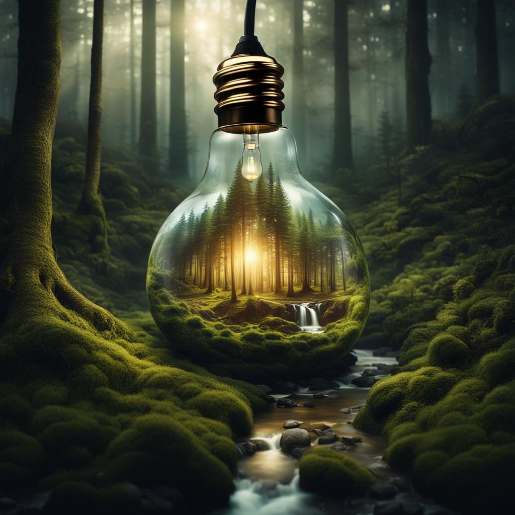Lightbulb with a forest and a stream inside it.