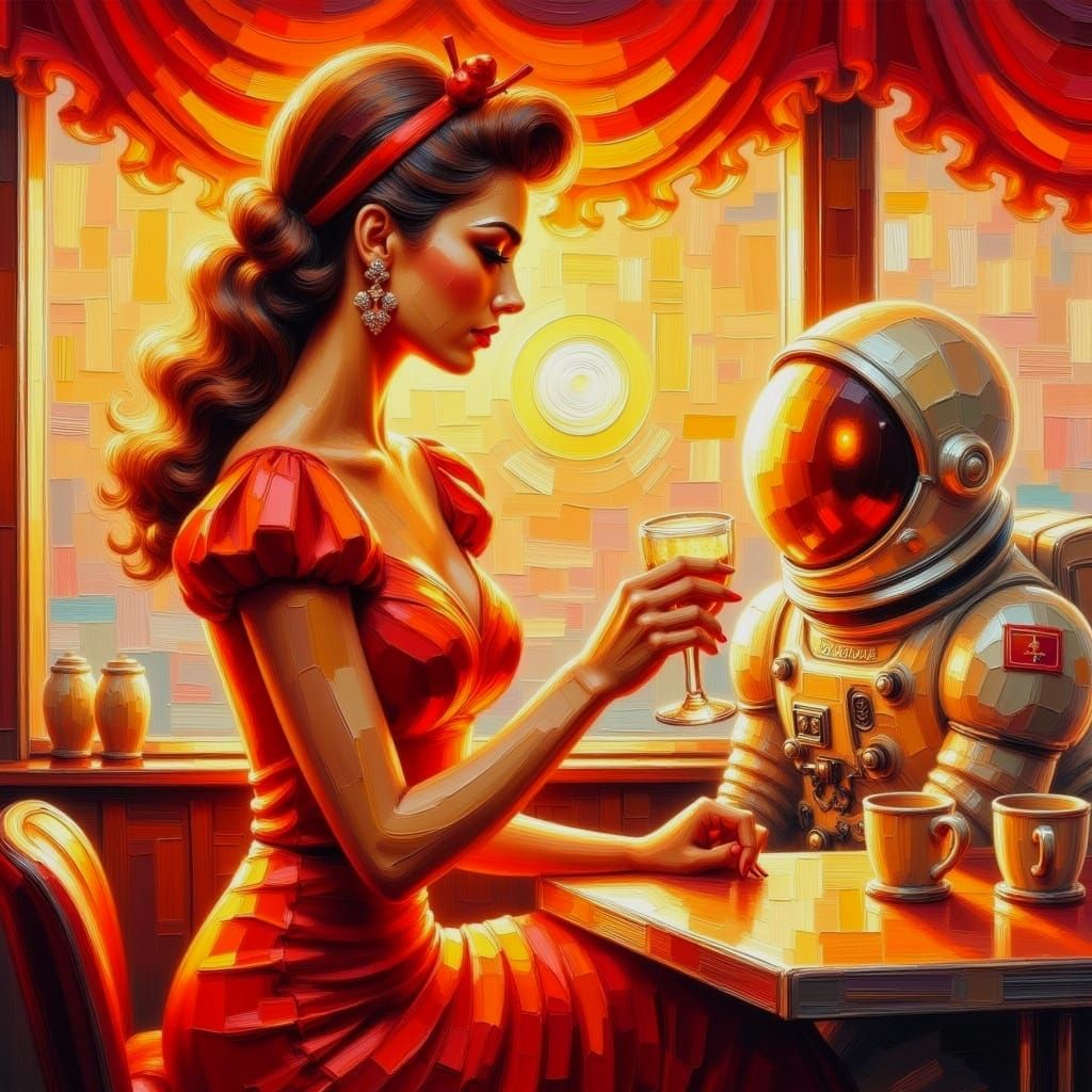 <lora:Oil:1.0> Impasto. Beautiful fifties waitress in a fifties diner serving an astronaut. Crimson and cream colour way. Mid shot. Impasto....