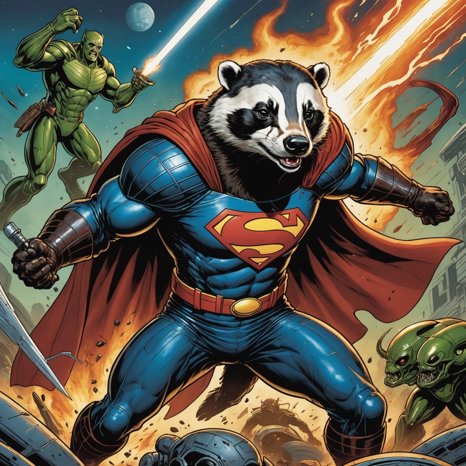 Badger Superman Battles Alien in Comic Book Art