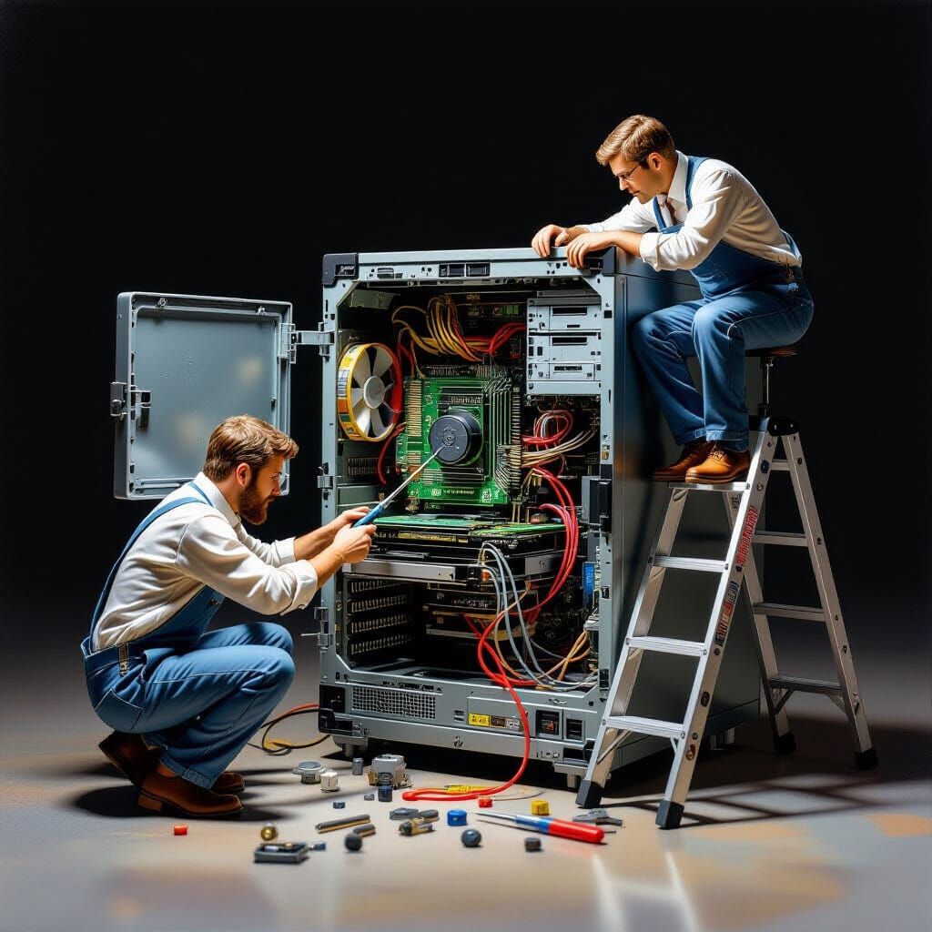 Tiny People Repairing Computer in Dramatic Light