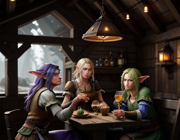 three female goblins drinking cocktails in a rustic tavern. ...