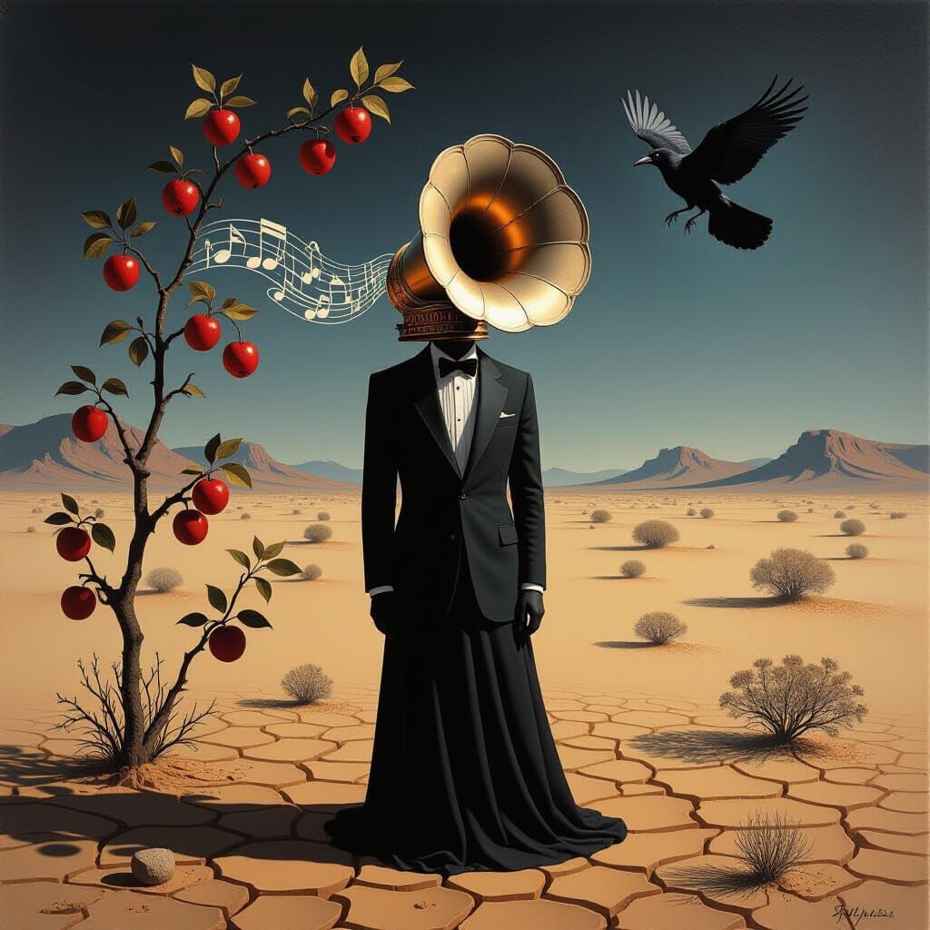 In the heart of a barren desert, a figure with a gramophone for a head stands motionless, carrying the echoes of melodies from a forgotten p...