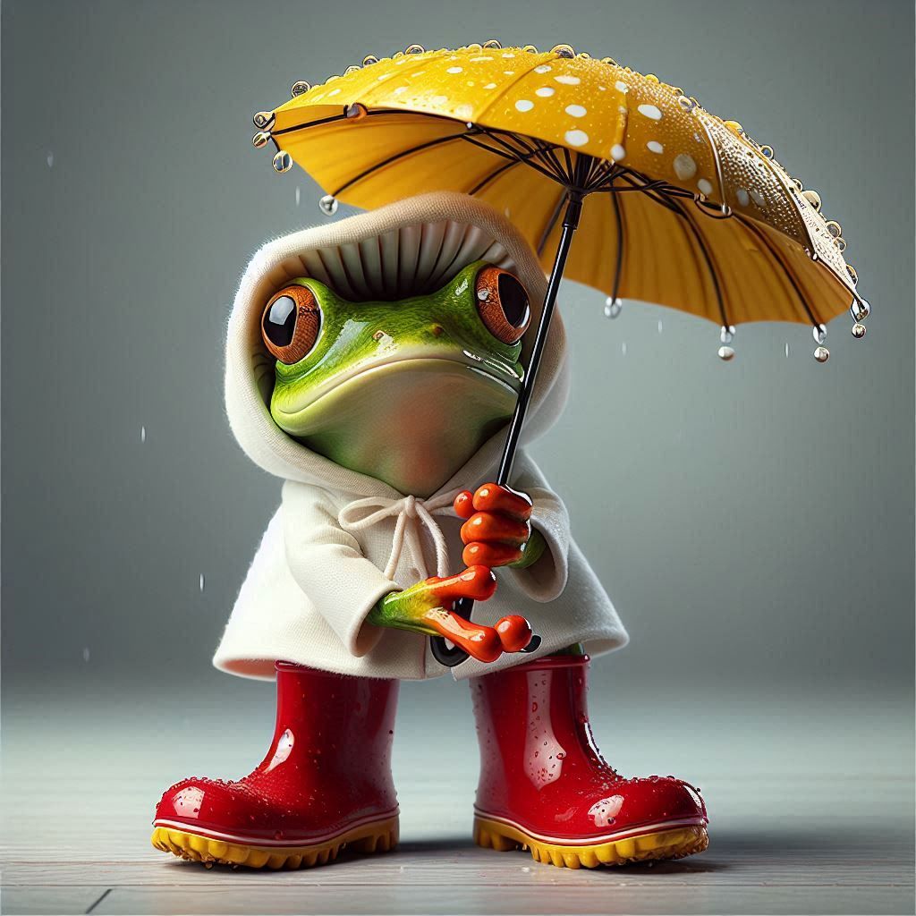 a realistic frog in white rain coat, mushroom shaped hat and...