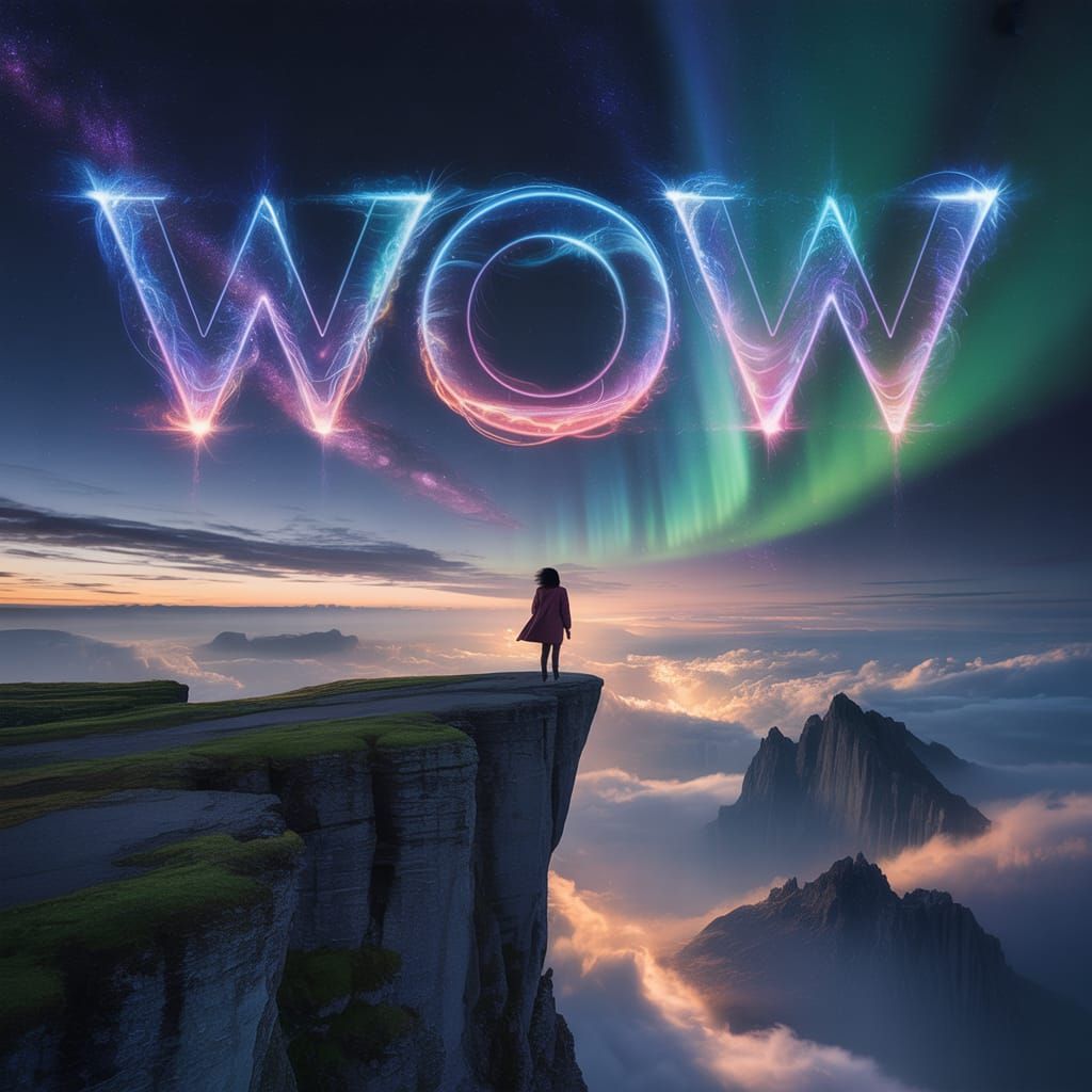 Cosmic Cliffside Wonder: Infinite Galaxies and Glowing Word