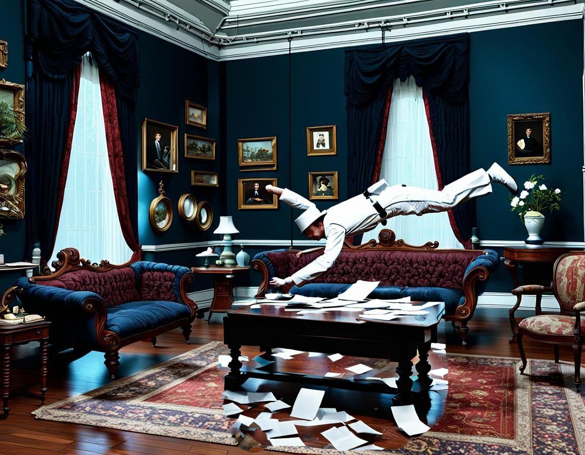 Levitating table, papers strewn across the air - AI Generated Artwork