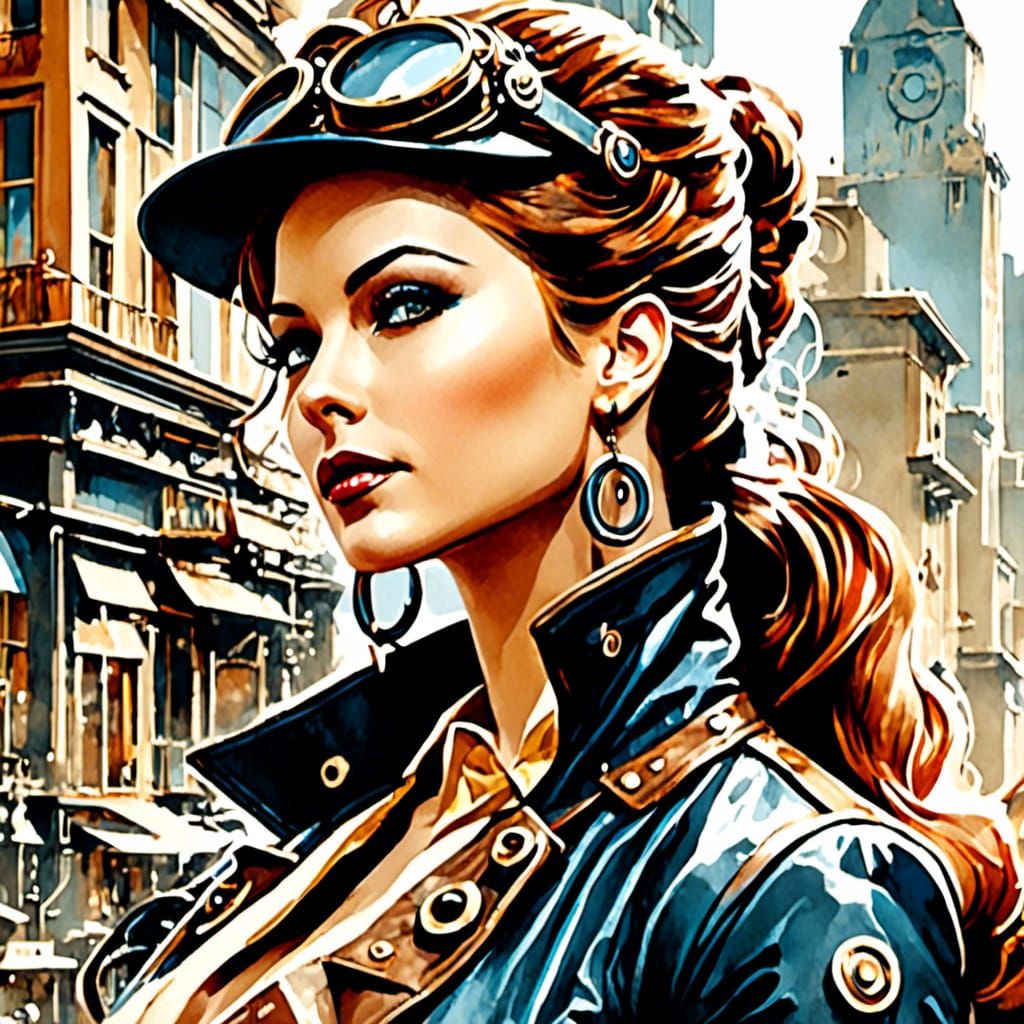 watercolor on textured paper Illustration of <lora:Epic Steampunk 3:1.0> Beautiful portrait of a lady , stunning, in an urban setting