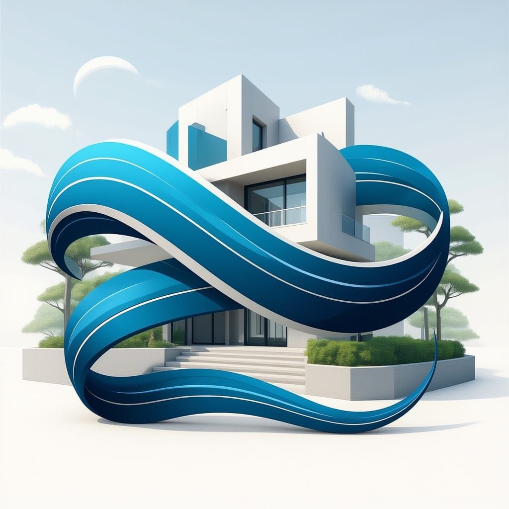 Flowing ribbon transforming into a stylized building silhouette, smooth curves, navy and sky blue gradient. 