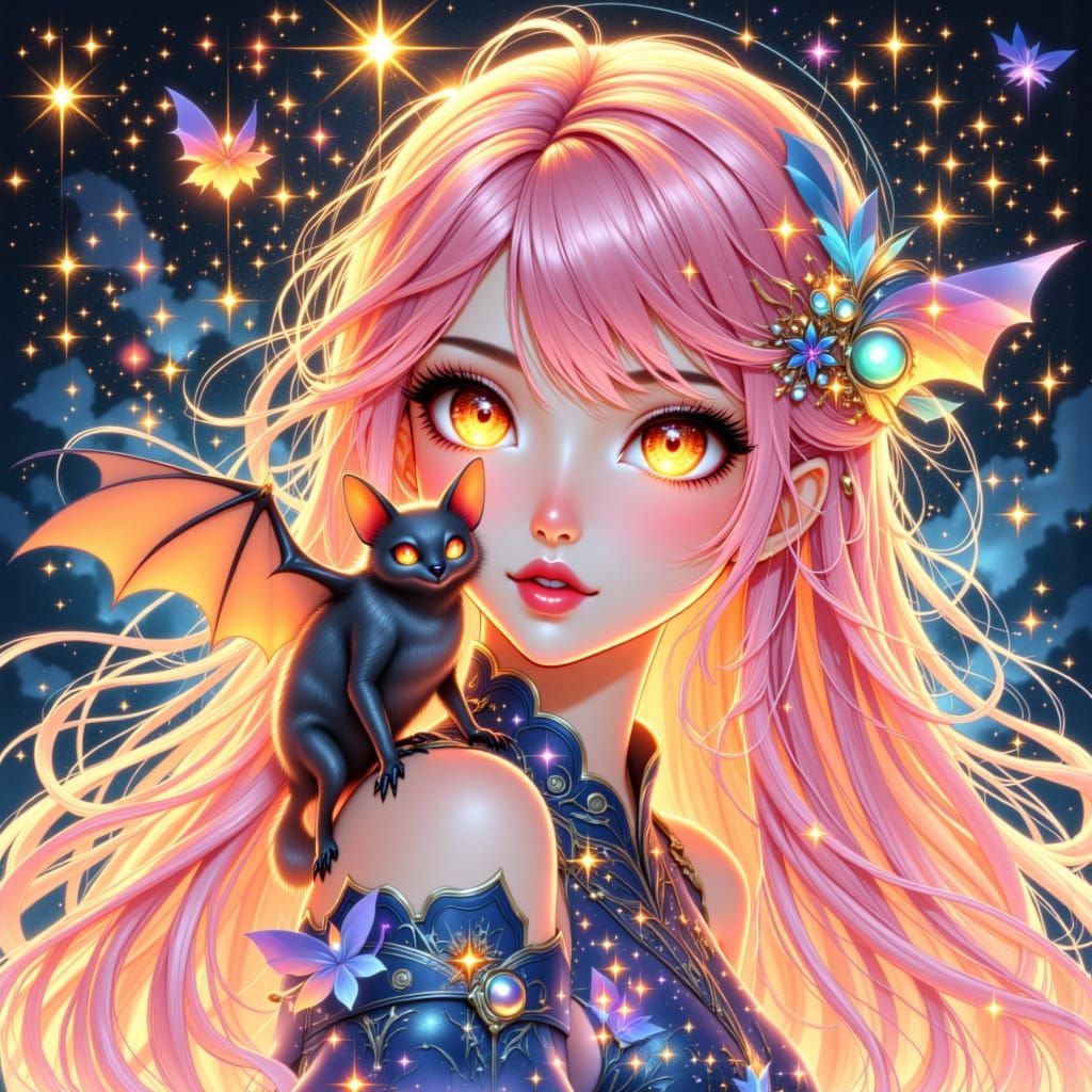 Star Beauty women insane cool Outfit big orange eyes and Long pink Hair with a rare bat Her facial features are delicately refined, with smo...