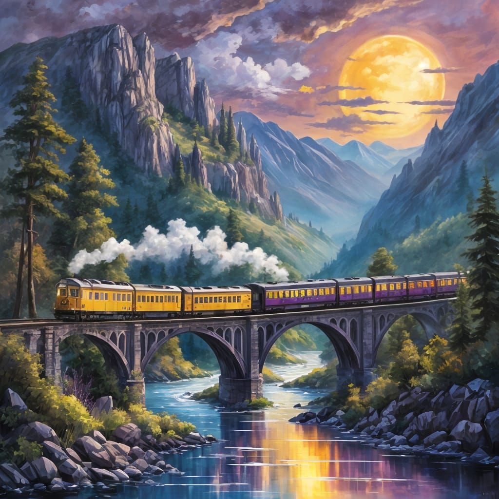 Impressionist Train on Mountain Bridge at Purple Sunset