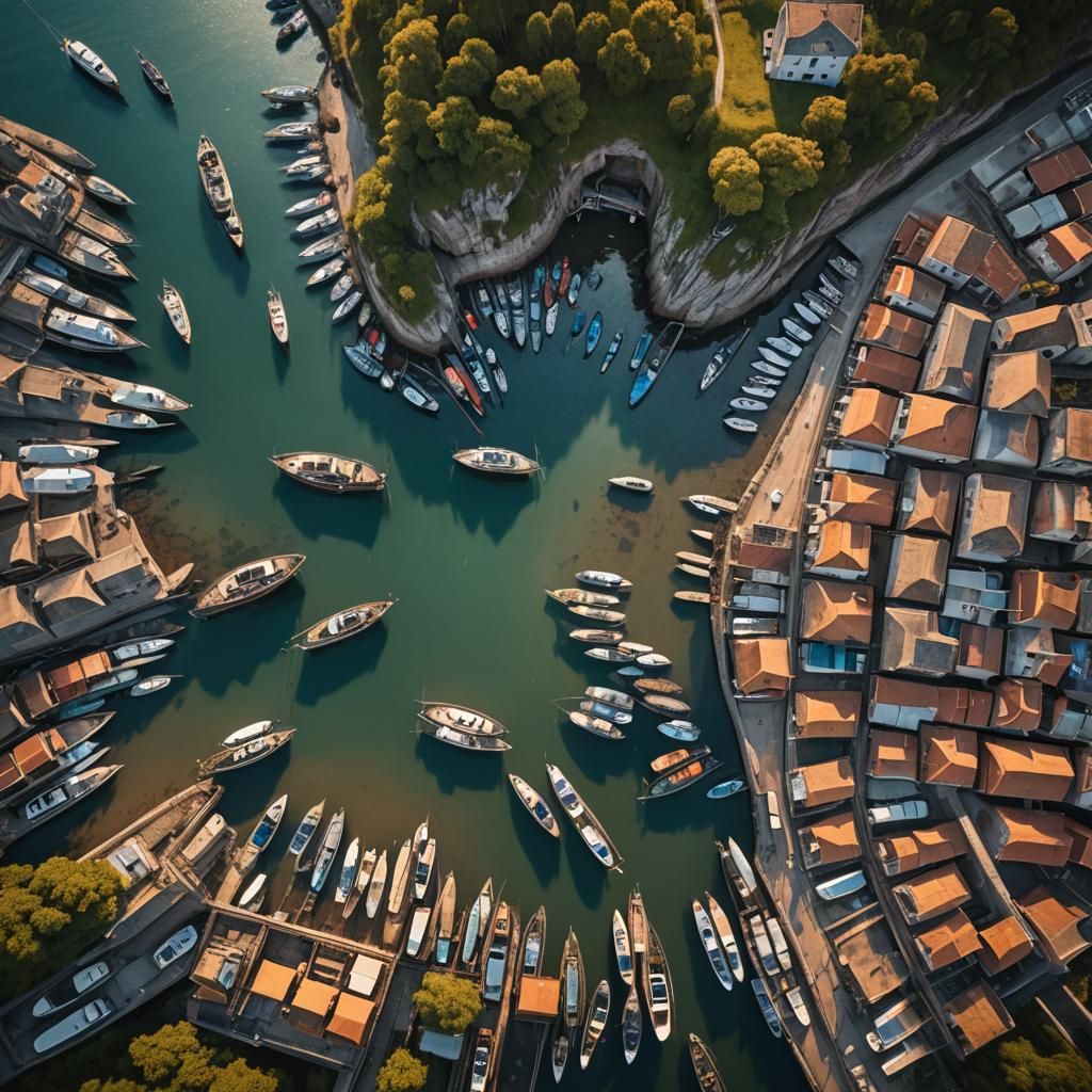 Drone view of a fantasy harbour full of boats. Beautiful lan...