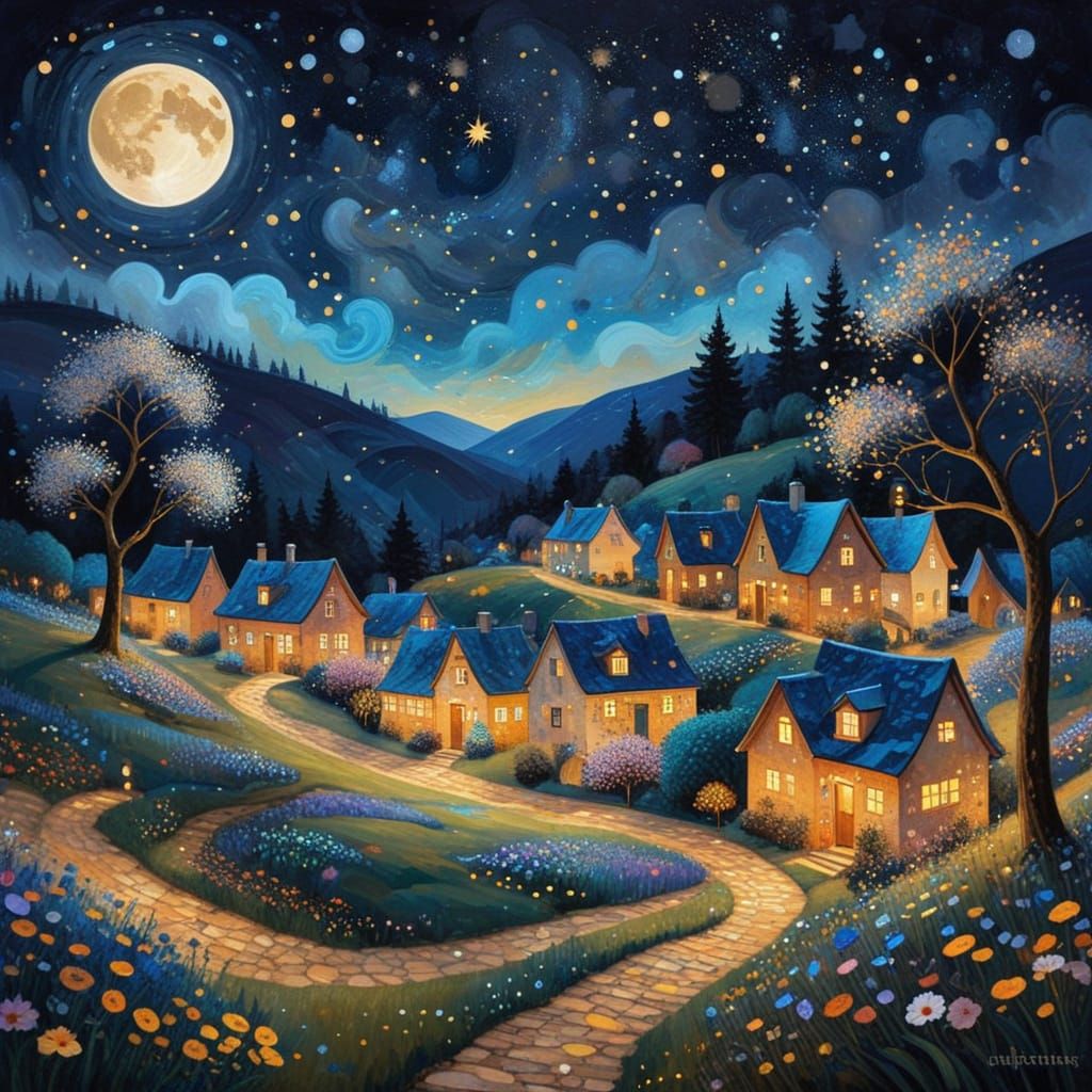 Whimsical night village illustration in a dreamy, storybook style.   by @EllaMoonDesign