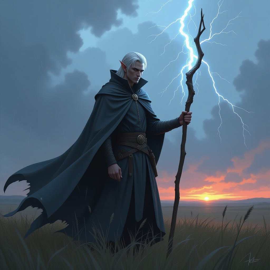 Tall slender male elf with light Grey hair wearing dark Grey cape holding wooden staff with lightning on top standing in the middle of field...