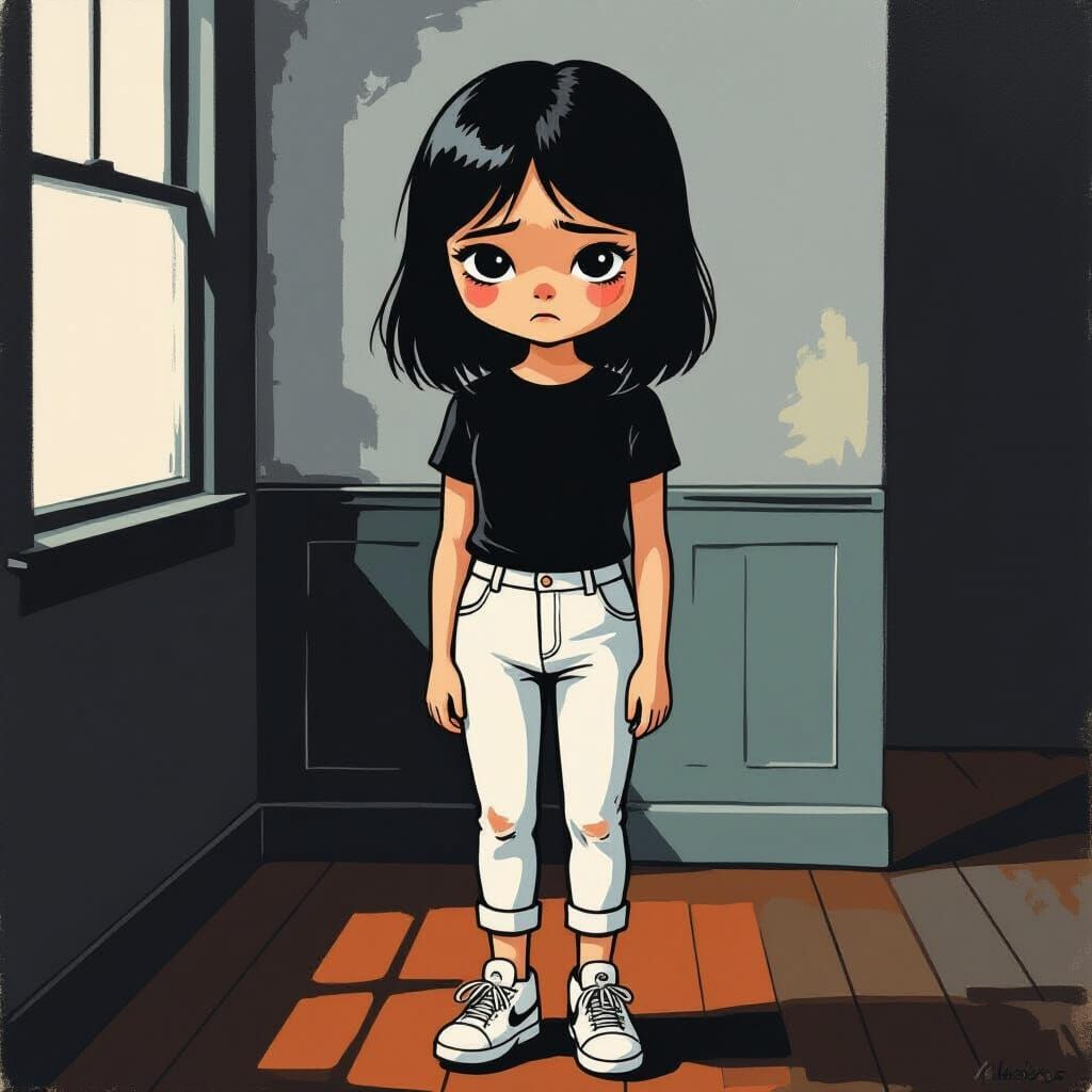 Melancholy Girl in Dark Room, Moody Art Style