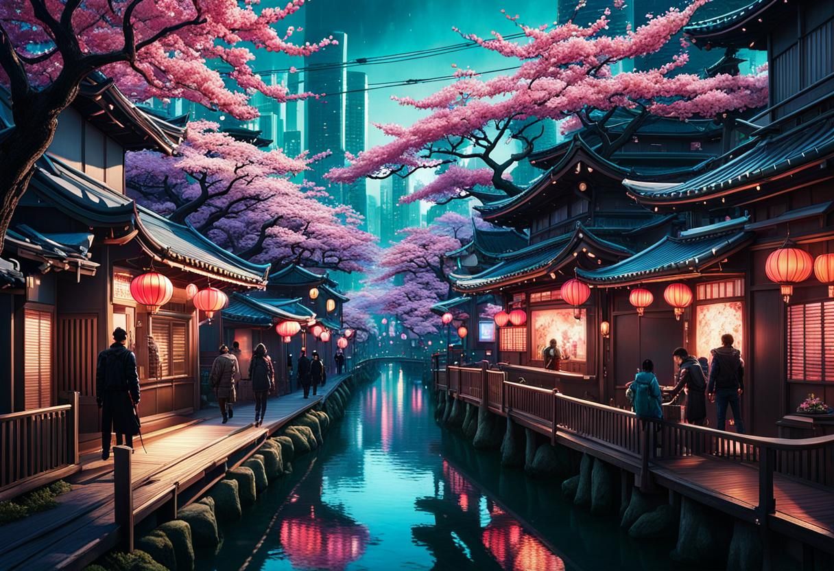Cyberpunk Sakura Festival in Japanese Park