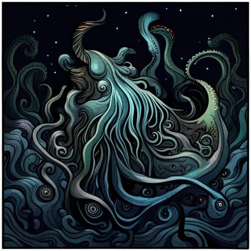 art by greg rutkowski and alphonse mucha. ancient cthulu kra...
