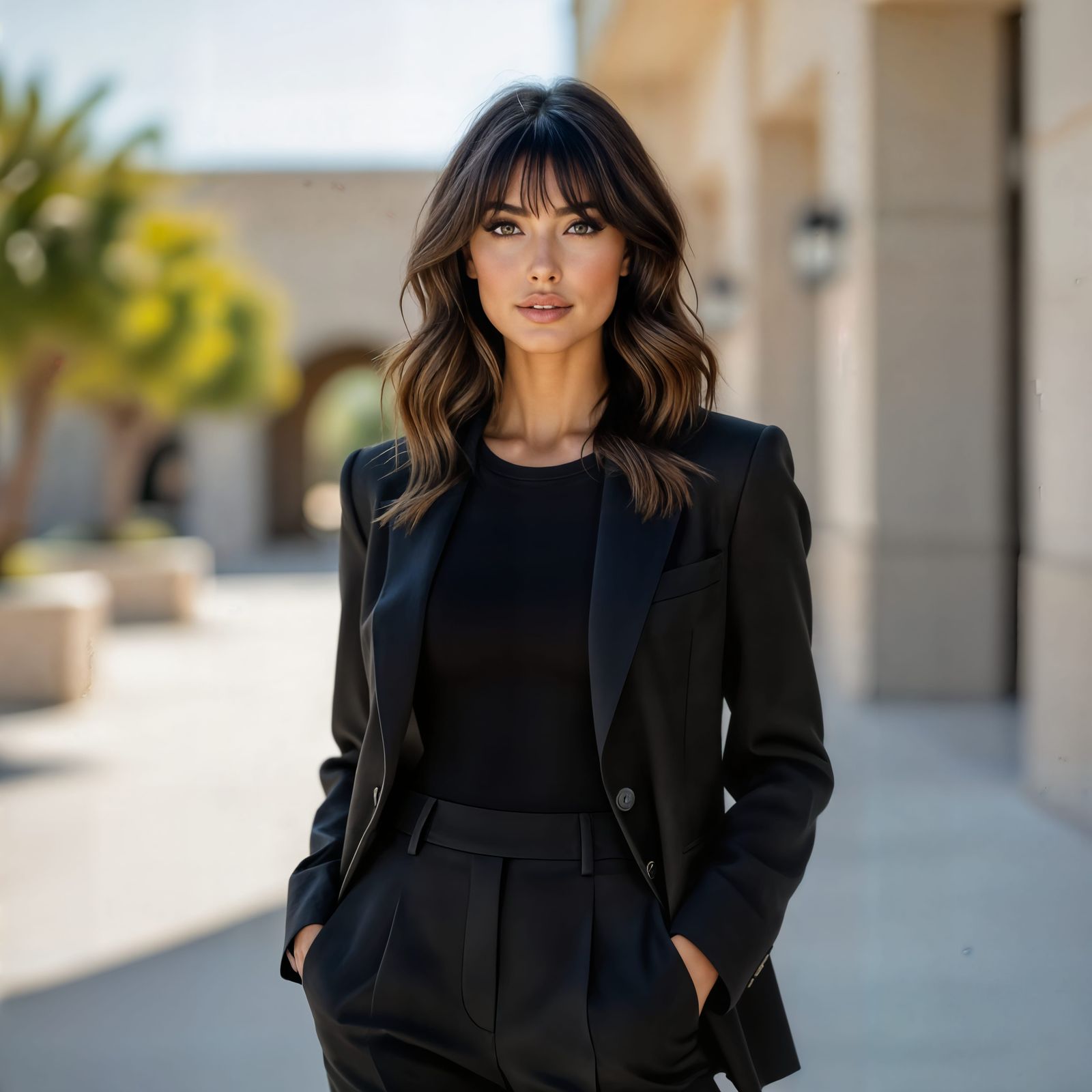 Confident Woman in Tailored Suit and Cropped Top
