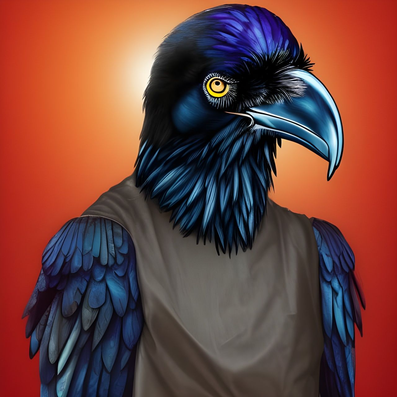 man with the head of a raven in clothes, realistic, divinity...