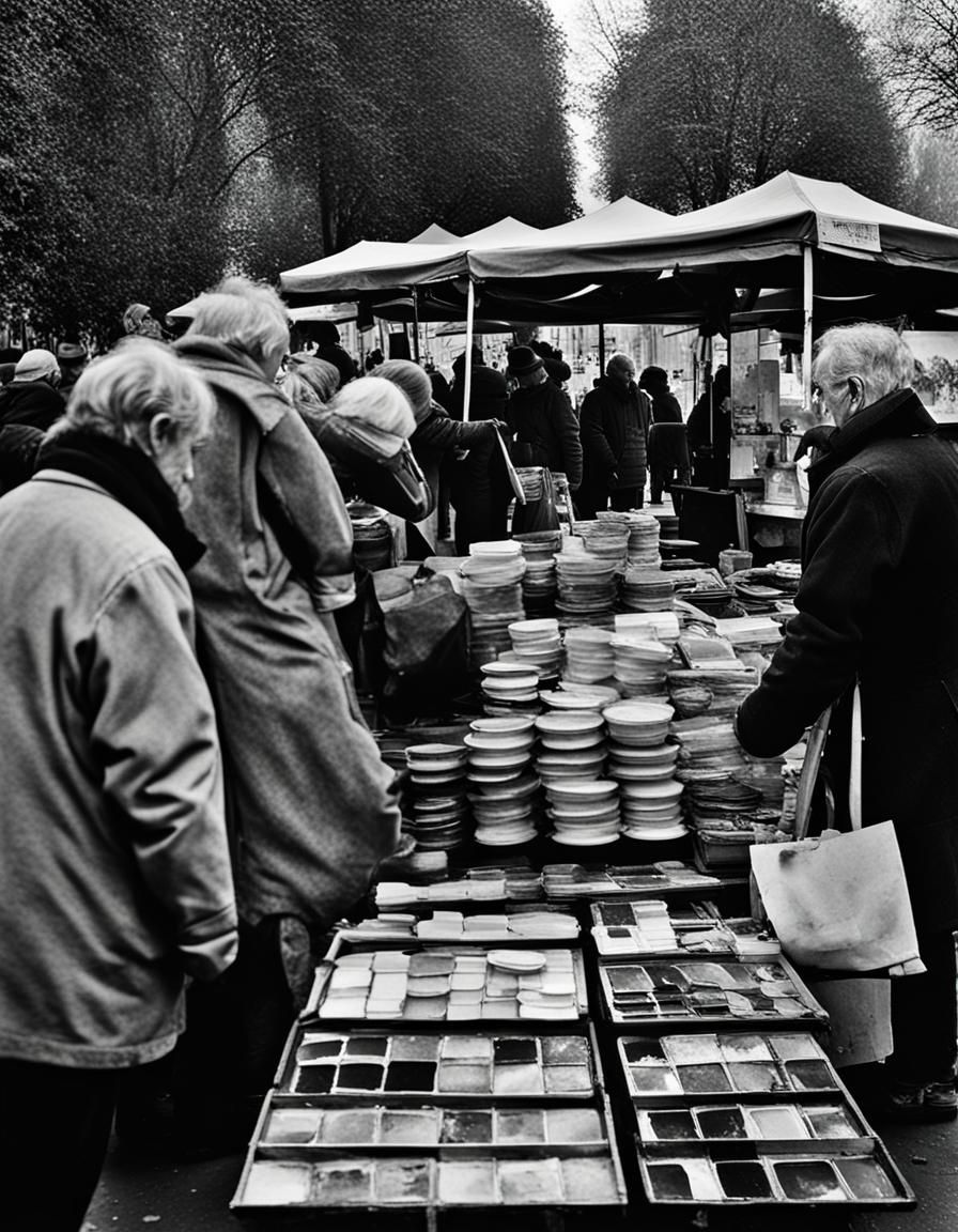 Street photography, black and white, painters' markets along...