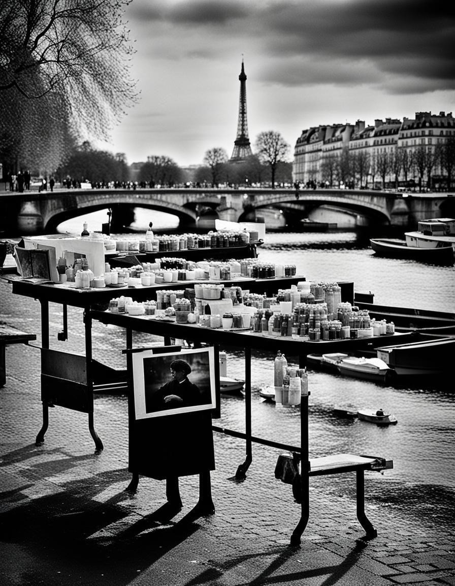 Street photography, black and white, painters' markets along...