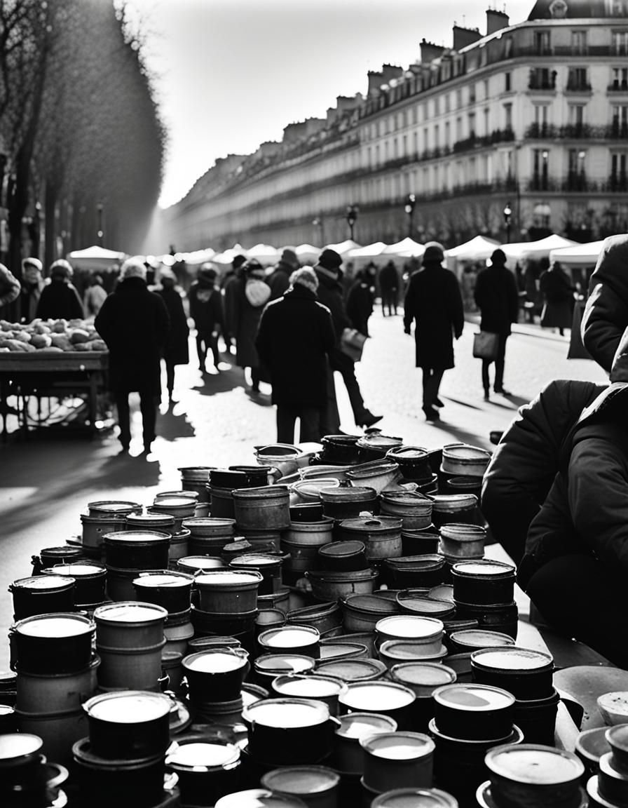 Street photography, black and white, painters' markets along...