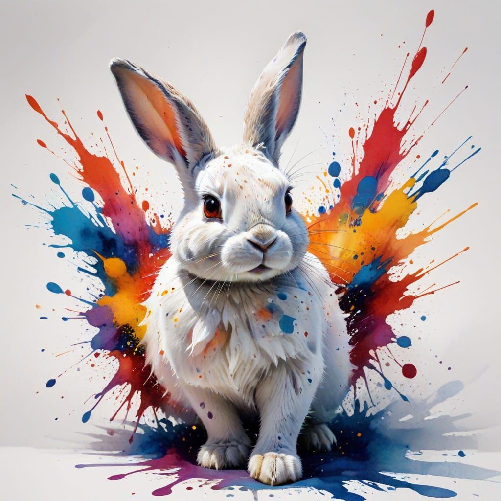 A 12-year-old boy wearing jeans stands holding a bucket of paint and pours it on the floor. This artwork harmoniously blends Willem Haenraet...