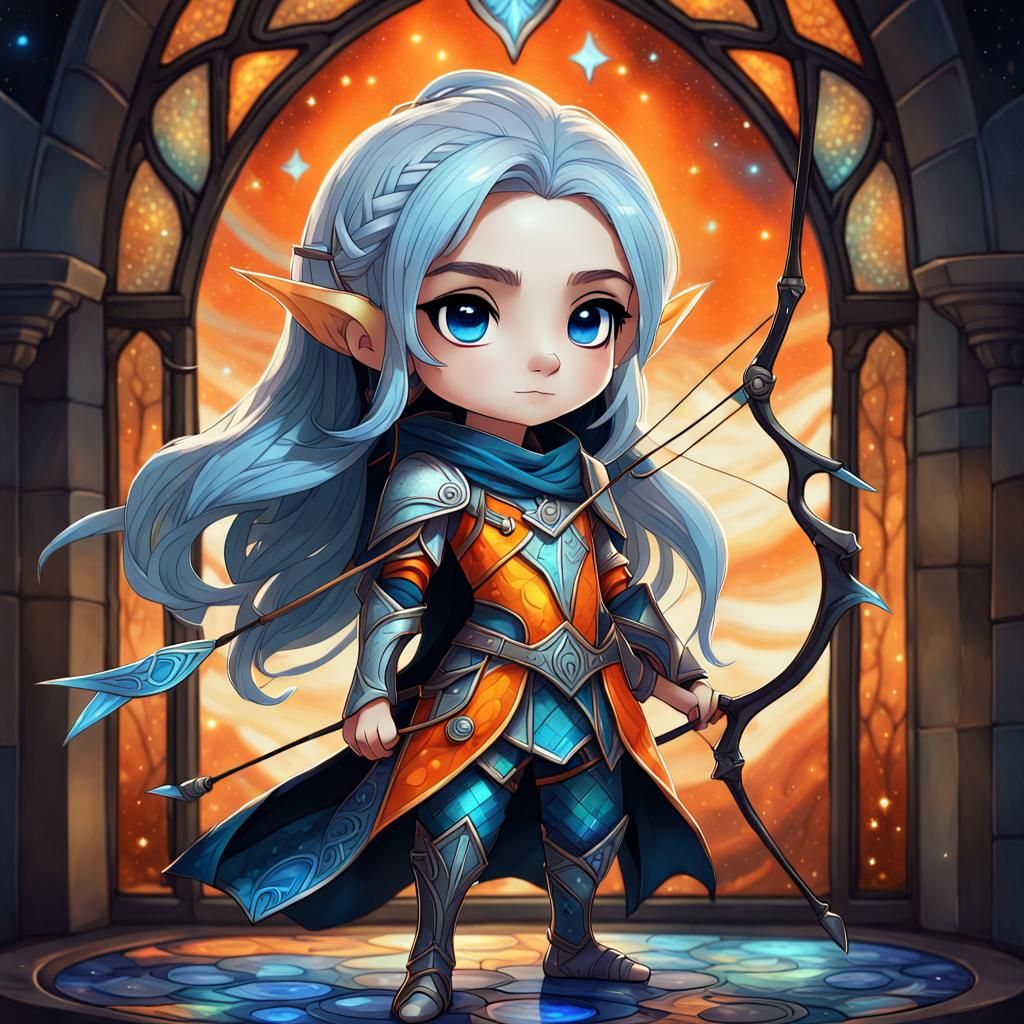 Pixar style, full body macro, a cute chibi High Elf Archer, ...