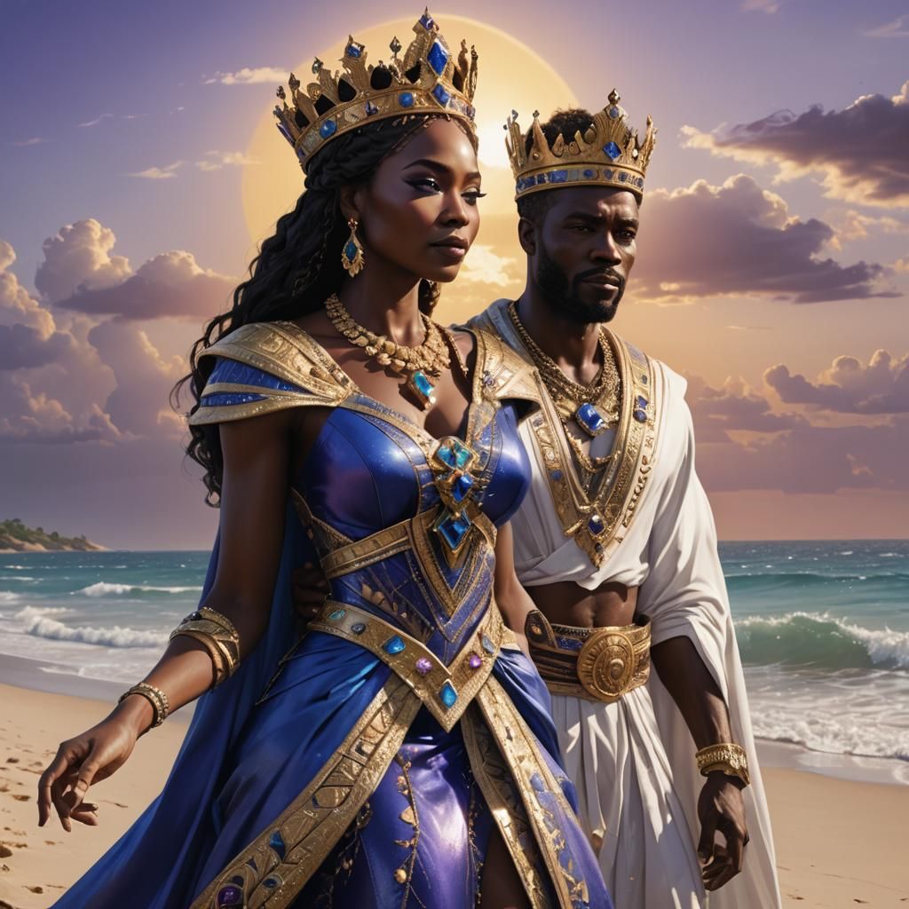 Beautiful African Queen wearing blue dress of royalty crown of gems African King with crown King wearing white with purple royalty cloth. AI Generated Artwork NightCafe Creator