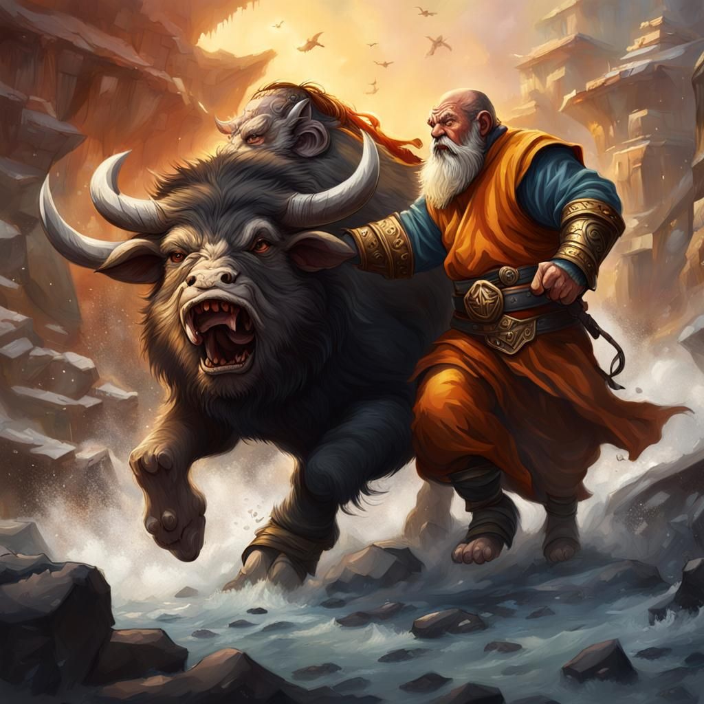 Dwarf monk fighting with a giant boar.