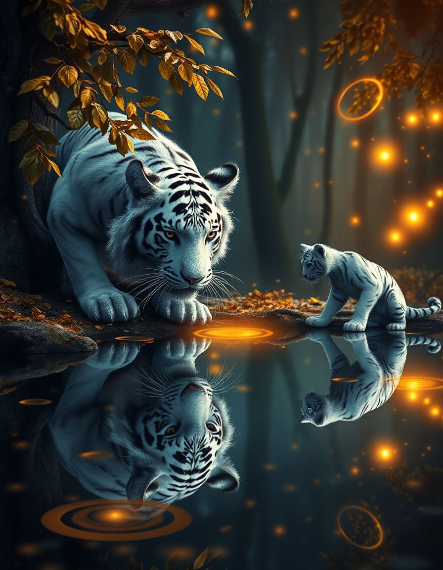 A White Tiger and micro White Tiger looking down at a perfect reflection crystal clear pond