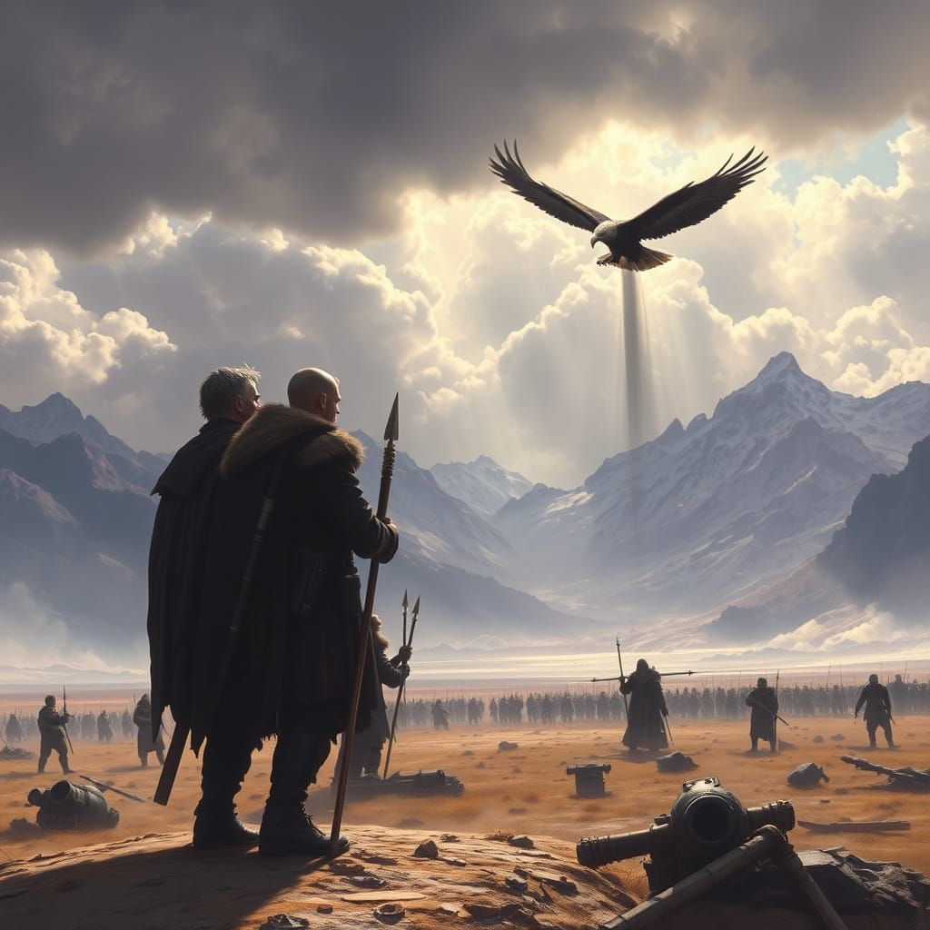 Lone Soldier Sings on Desolate Battlefield with Soaring Eagl...