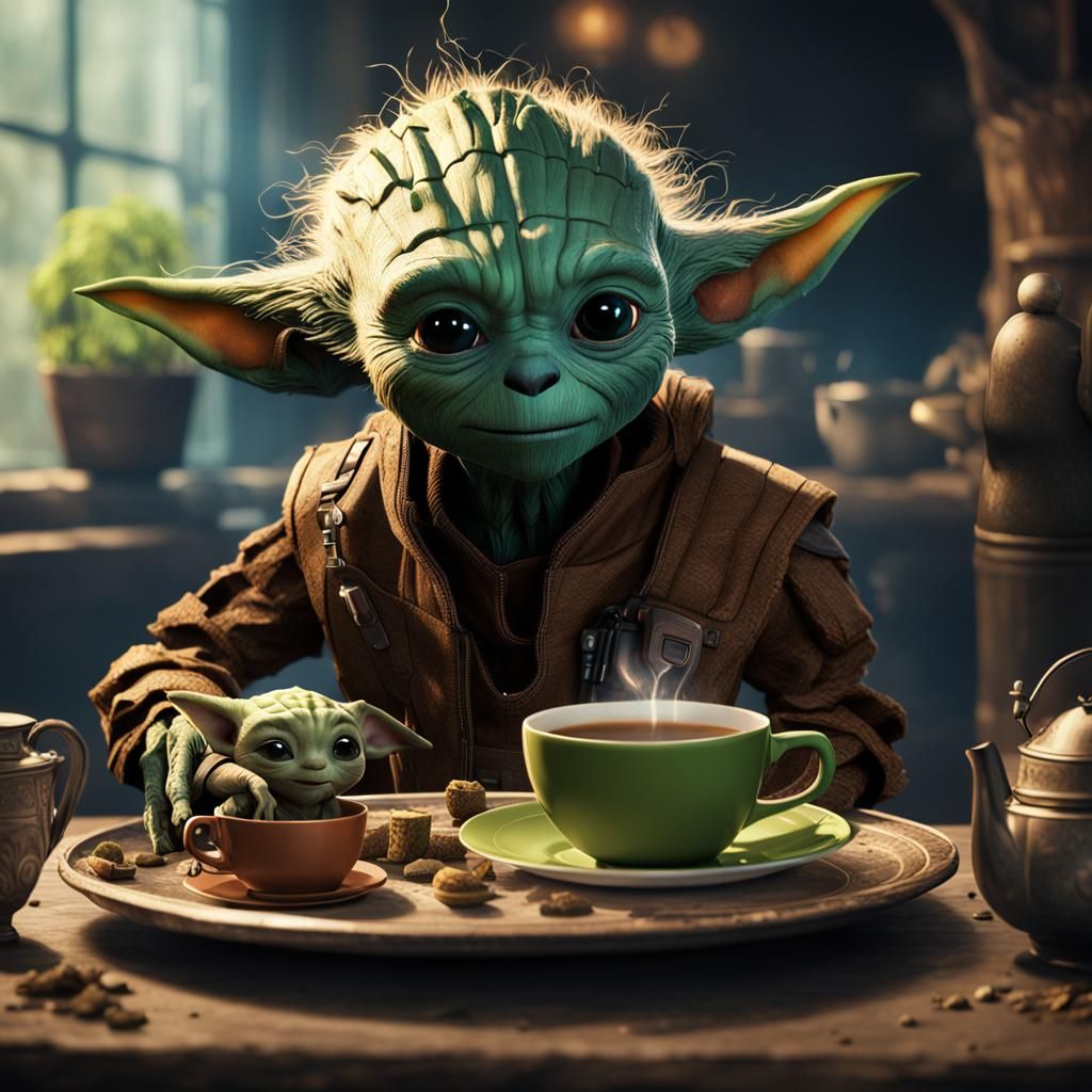 Baby Yoda drinking tea - AI Generated Artwork - NightCafe Creator