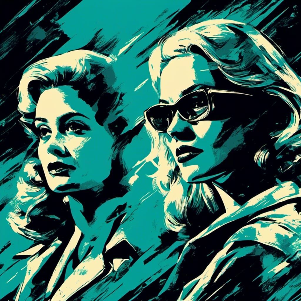 <lora:Film Noir 2D:1.0> 
<lora:The Broken 90s:1.0>
Vintage vector art illustration of a film noir detective and a blonde femme fatale, set a...