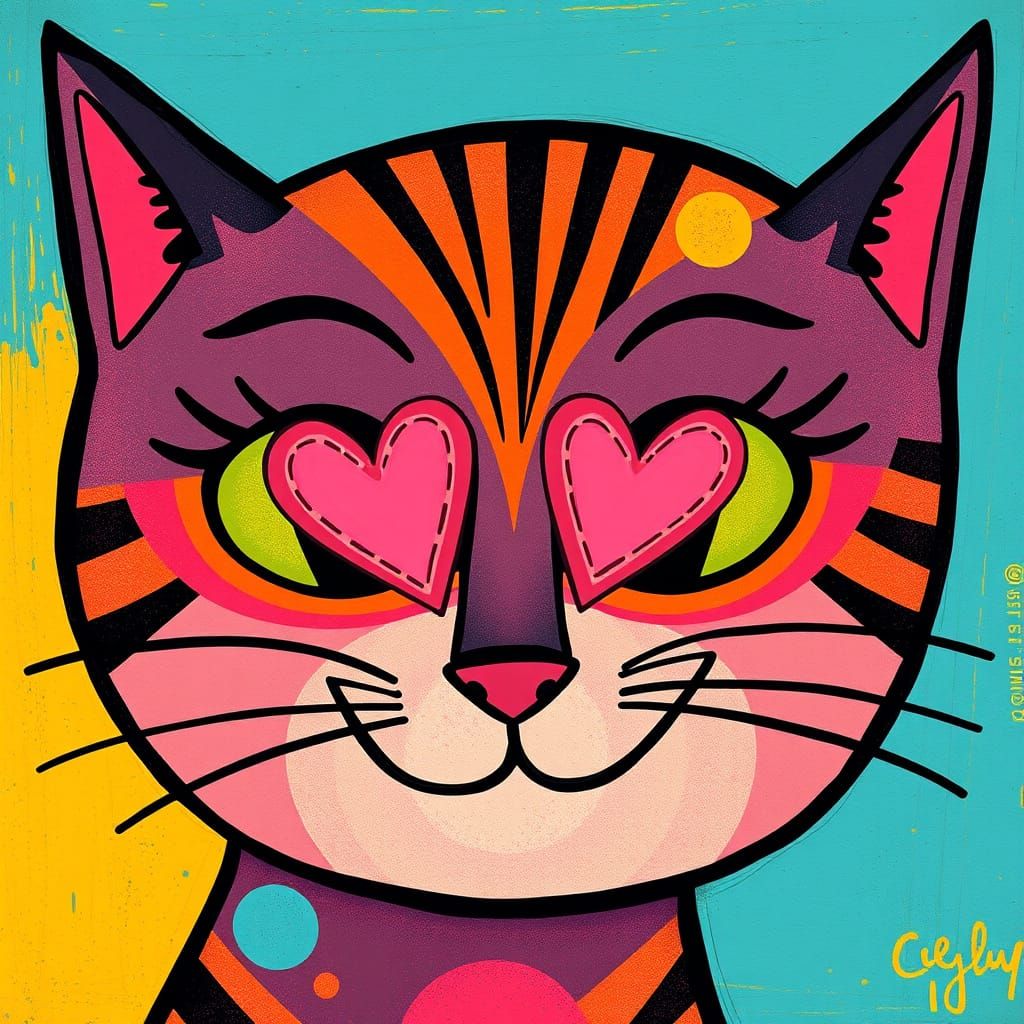 Stylized Heart Eyes Cat Face in Folk Pop Art