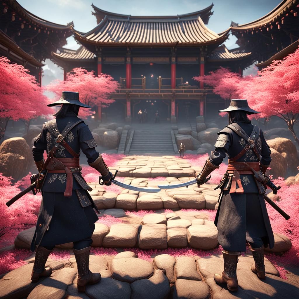 two ninja-cowboys armed with katana and colt gun in a giant ...