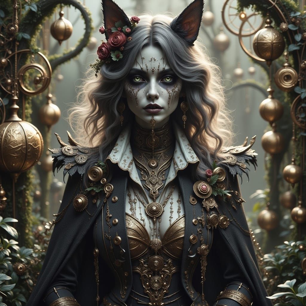 <lora:Dark Goo Flux:1.0> <lora:Glowing runes flux:1.0> <lora:Detailed realism:1.0> <lora:Steampunk World:1.0> The Cheshire Cat: A human with...